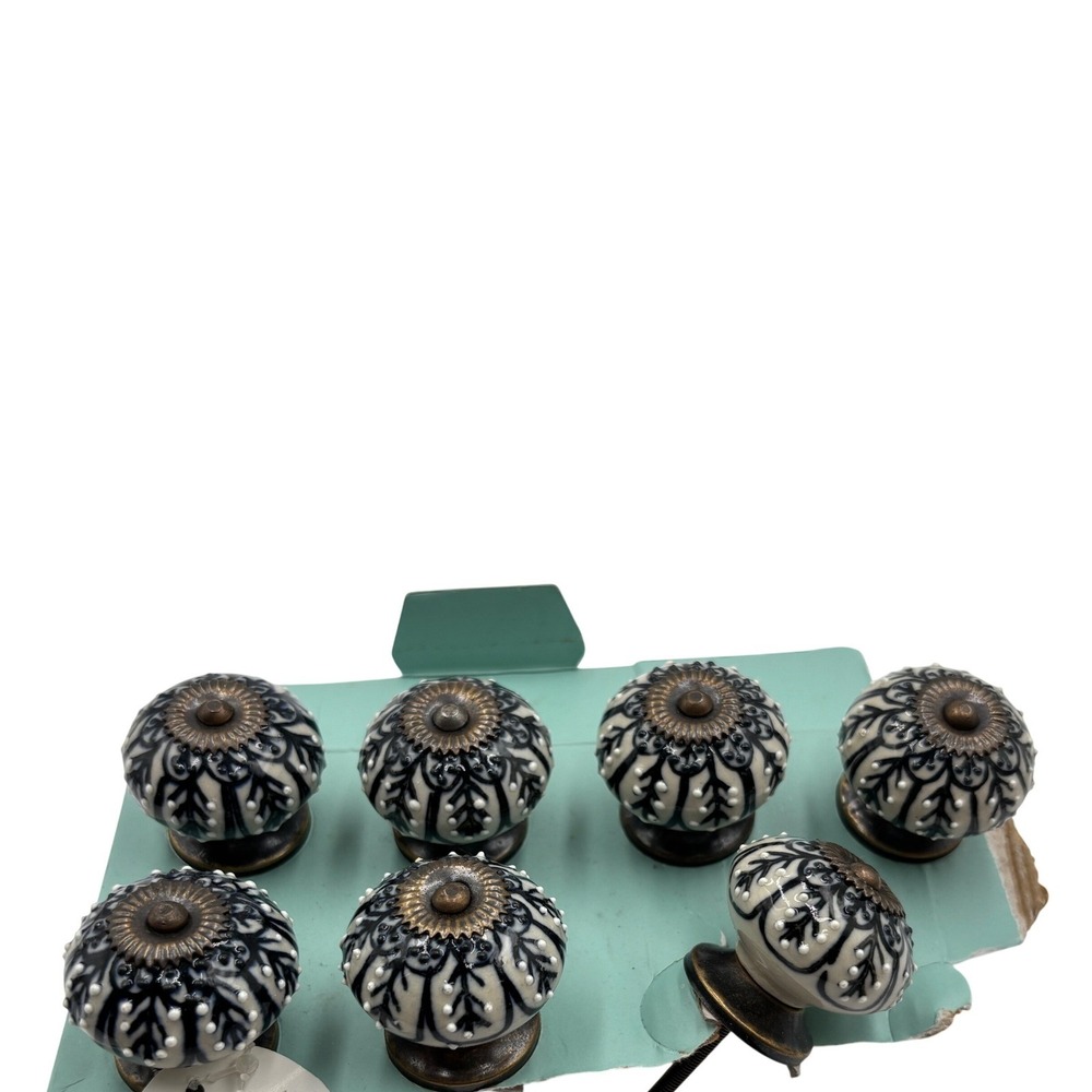 Ceramic Cabinet Knobs Pulls Black Floral Set of 7 Handmade in India - Picture 2 of 8